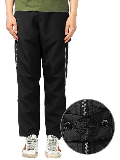 Logo Patch Zipper Linen Straight Pants Black - STONE ISLAND - BALAAN 2