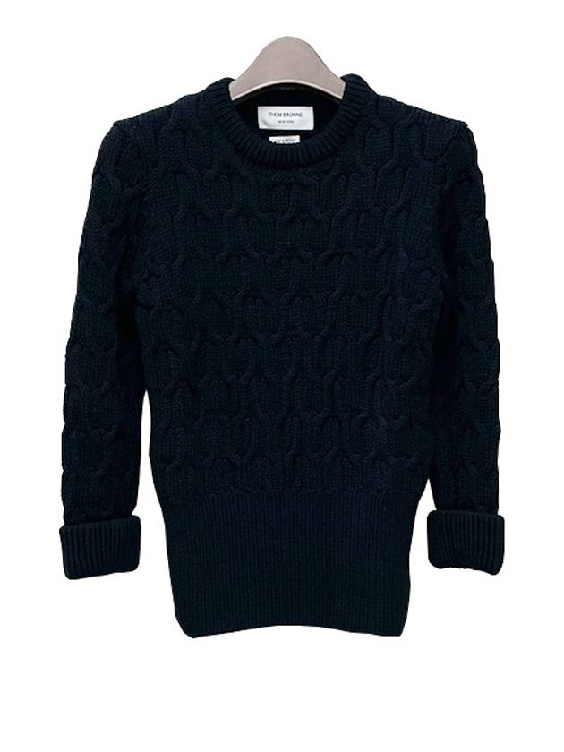 Merino Crisscross Cable Stitch Crewneck Knit Top Navy - THOM BROWNE - BALAAN 3