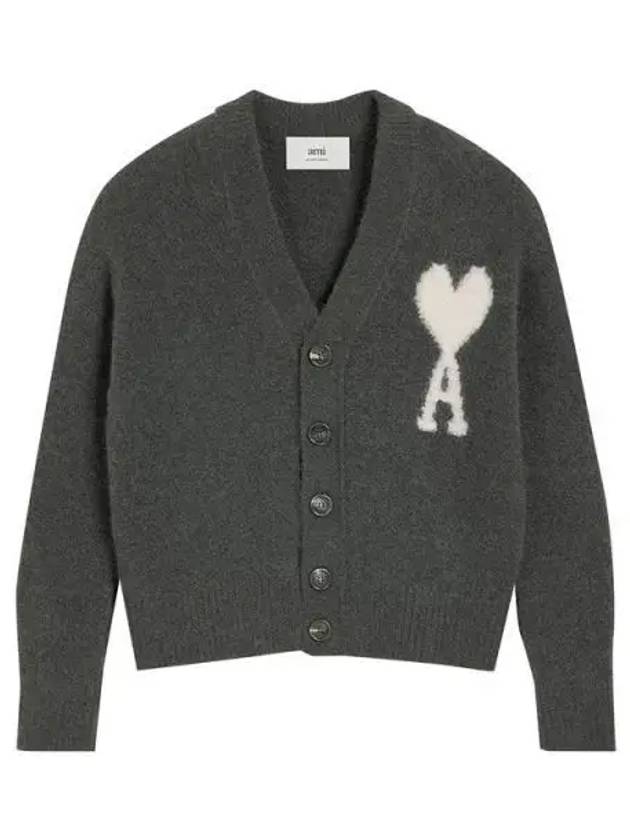 Intarsia Logo Knit Cardigan Dark Grey - AMI - BALAAN 2