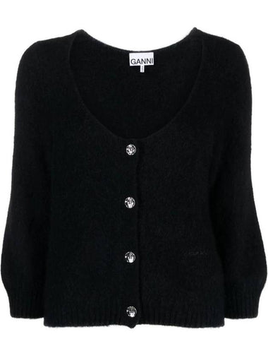 Logo Embroidery Brushed Cardigan Black - GANNI - BALAAN 1