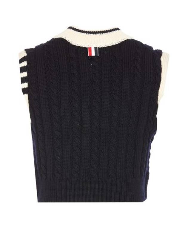 Classic Cable 4 Bar V Neck Vest Navy - THOM BROWNE - BALAAN 3