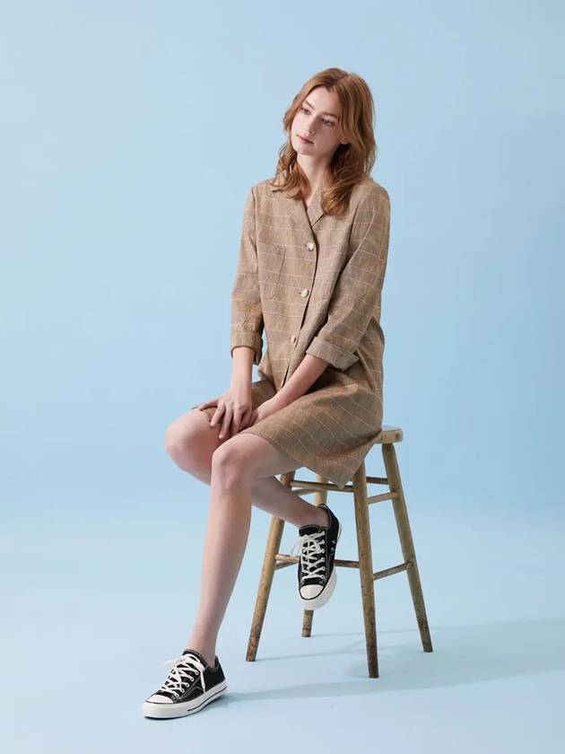 Check Linen Long Jacket Short Dress Brown - VOYONN - BALAAN 8