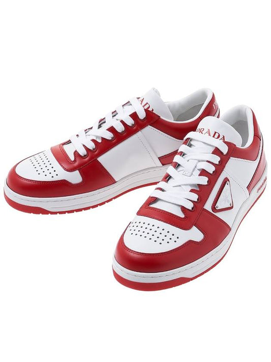 Men's Downtown Triangle Logo Leather Sneakers White Lacquer Red - PRADA - BALAAN