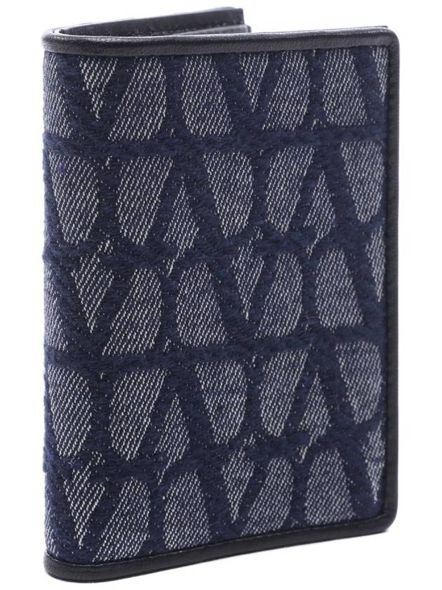 V Logo Folding Leather Half Wallet Navy Black - VALENTINO - BALAAN 4