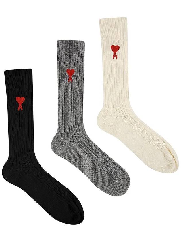 Heart Embroidered Logo Cotton Socks 3 Pack - AMI - BALAAN 3