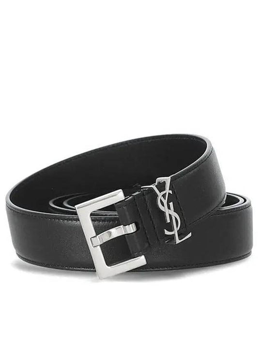 Square Buckle Monogram Leather Belt Black - SAINT LAURENT - BALAAN 2