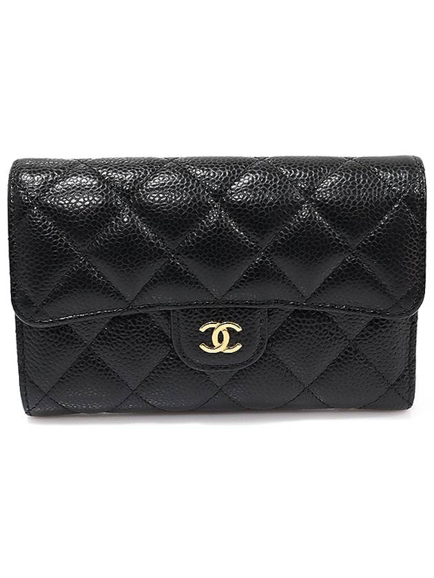 AP0232 Black caviar gold CC logo classic flap medium wallet 30s - CHANEL - BALAAN 1