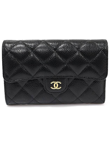 AP0232 Black caviar gold CC logo classic flap medium wallet 30s - CHANEL - BALAAN 1