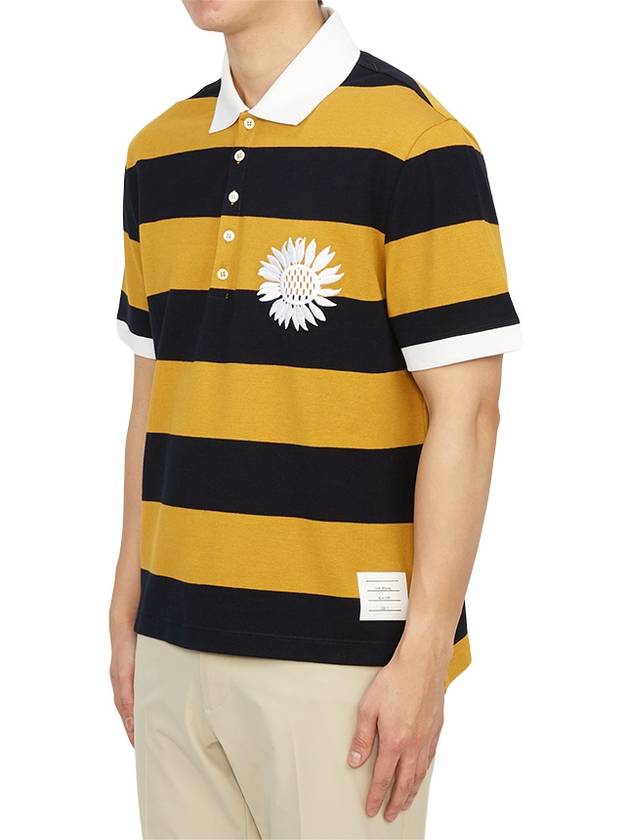 Embroidered Flower Rugby Stripe Short Sleeve PK Shirt Navy Yellow - THOM BROWNE - BALAAN 3