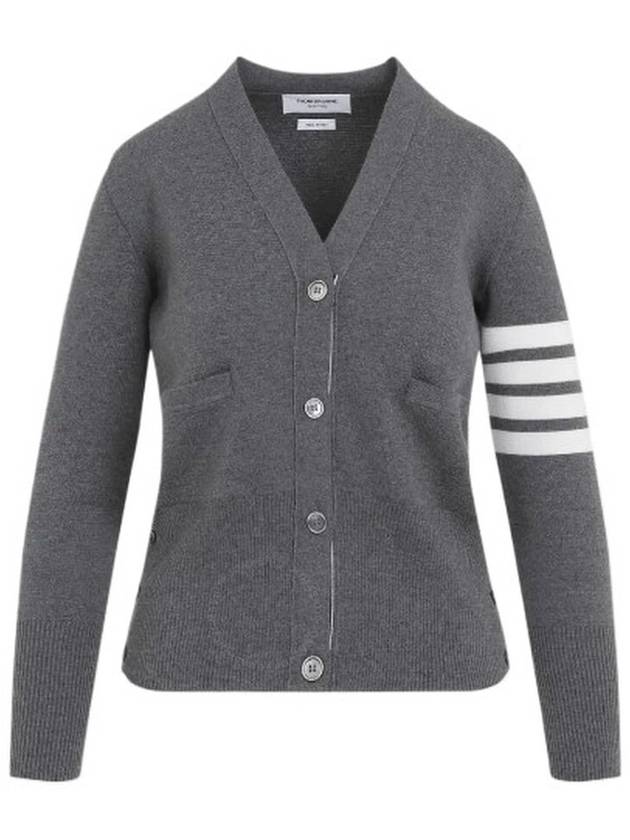 Milano Stitch 4 Bar Classic V Neck Fine Merino Wool Cardigan Medium Grey - THOM BROWNE - BALAAN 2