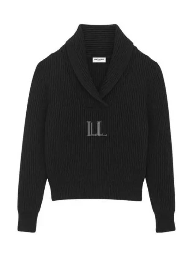 Shawl Collar Wool Knit Top Black - SAINT LAURENT - BALAAN 2