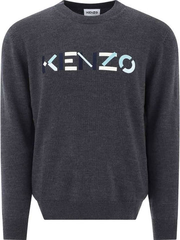 Embroided Logo Crew Neck Knit Top Grey - KENZO - BALAAN 1