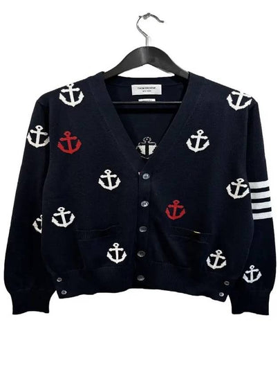 Anchor Intarsia 4-Bar V-Neck Cardigan Navy - THOM BROWNE - BALAAN 2