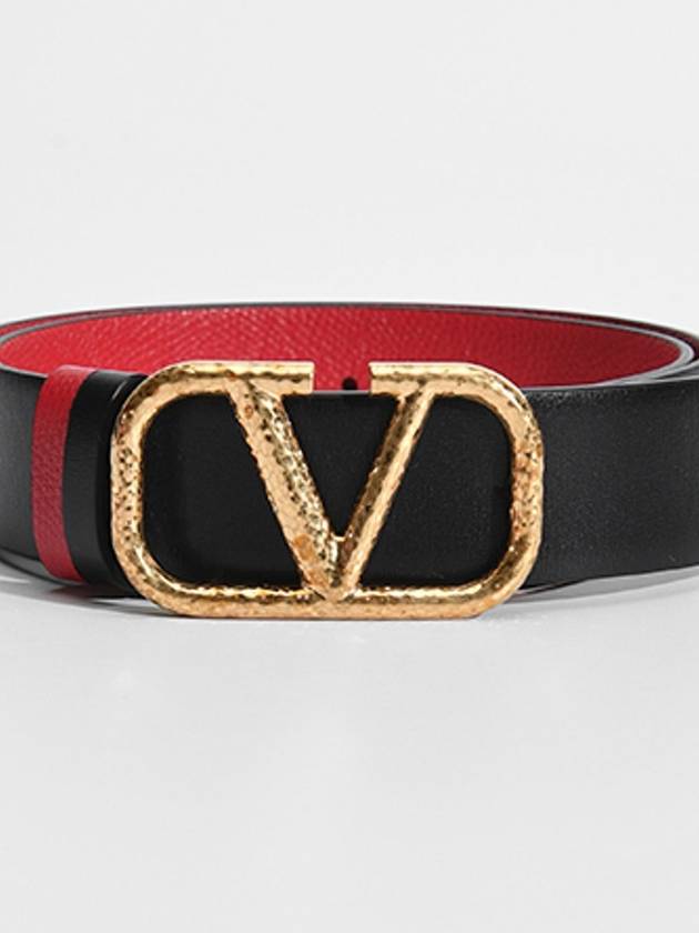 Gold V Logo Reversible Leather Belt Black Red - VALENTINO - BALAAN 3