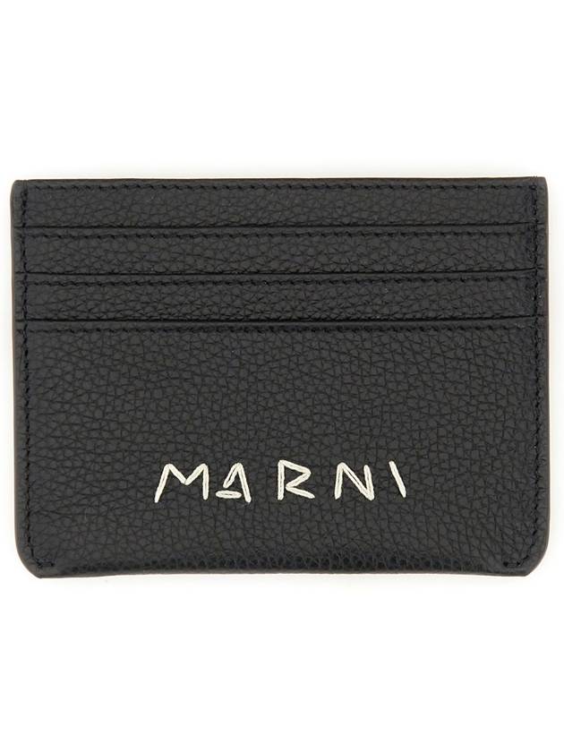 Embroidered Logo Leather Card Wallet Black - MARNI - BALAAN 7