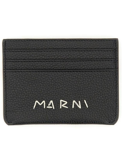 Embroidered Logo Leather Card Wallet Black - MARNI - BALAAN 2