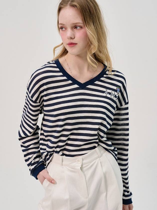 Loose Fit Stripe V Neck T Shirt_Navy - SORRY TOO MUCH LOVE - BALAAN 4