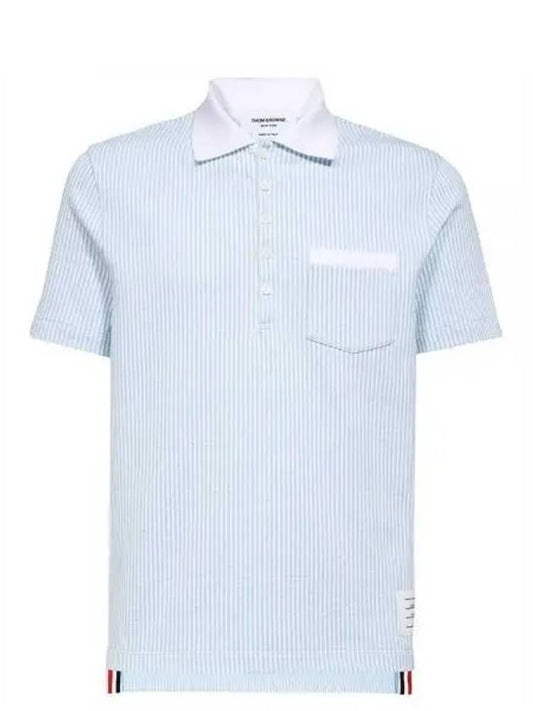 Striped Seersucker Pocket Short Sleeve Polo Shirt Light Blue - THOM BROWNE - BALAAN 2