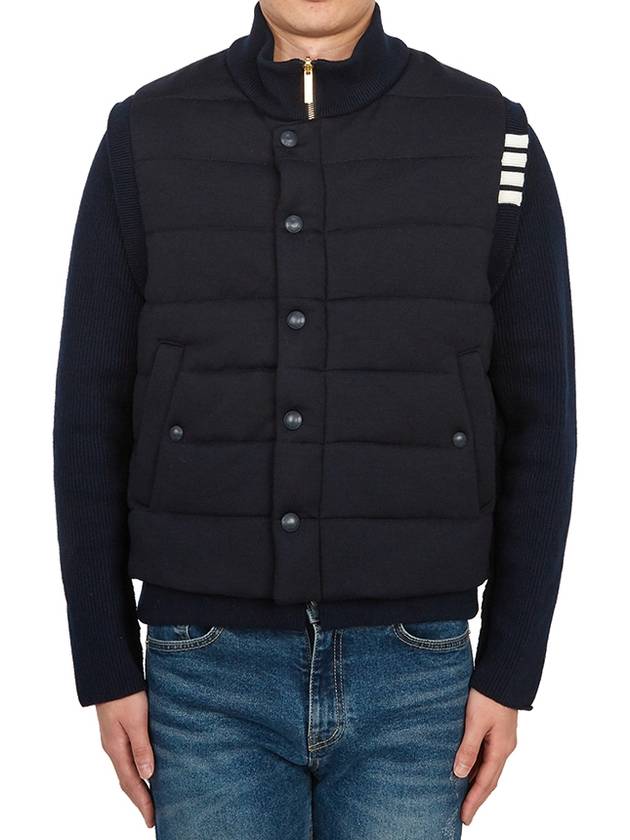 Men's Reversible Padded 4 Bar Funnel Neck Merino Jersey Padding Jacket Navy - THOM BROWNE - BALAAN 6