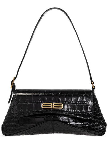 BB Logo Crocodile Embossed XX Small Flap Shoulder Bag Black - BALENCIAGA - BALAAN 1