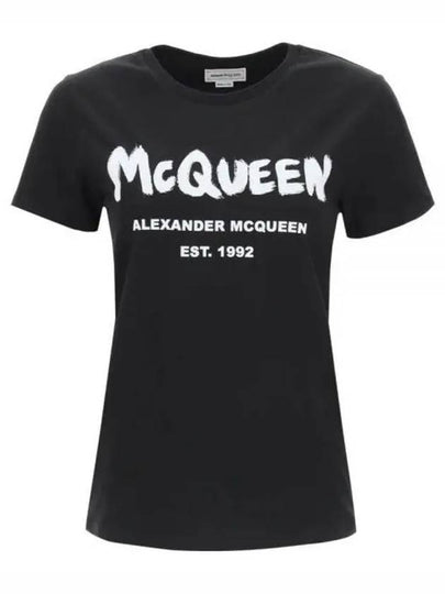 Women's Graffiti Logo Short Sleeve T-Shirt Black - ALEXANDER MCQUEEN - BALAAN 2