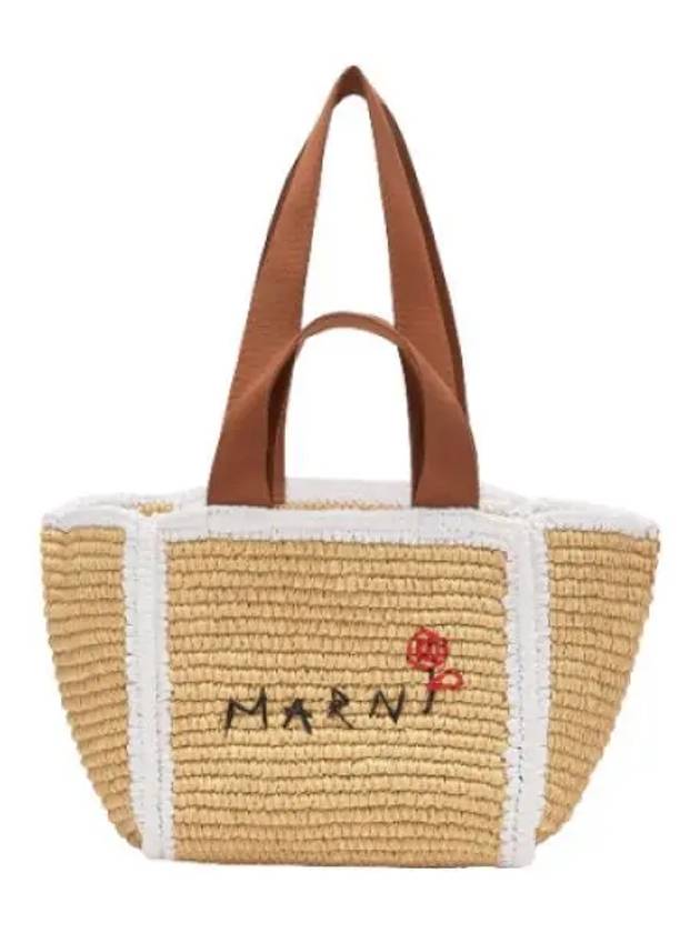 Small embroidery logo raffia tote bag natural white rust handbag - MARNI - BALAAN 1