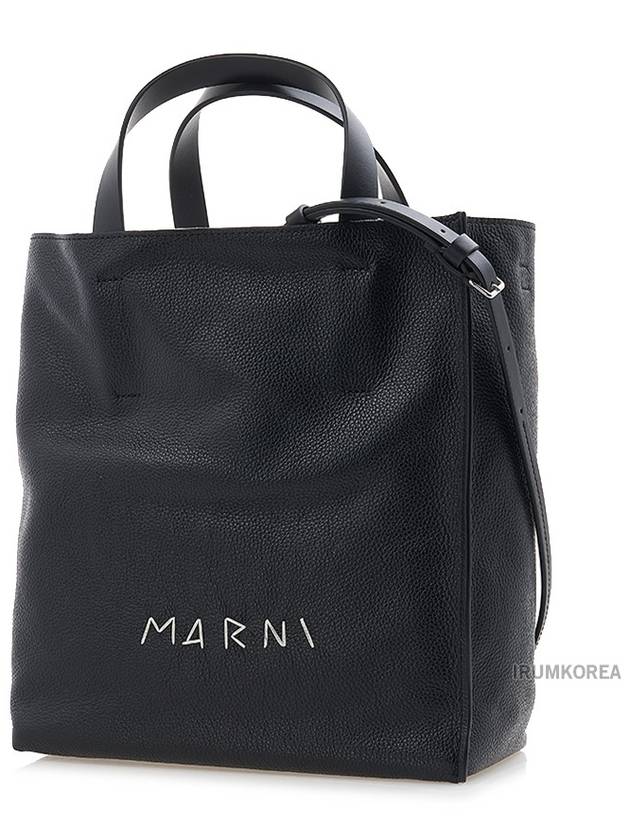 Embroidered Logo Leather Tote Bag Black - MARNI - BALAAN 3