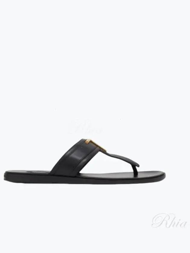 TF Logo Decorated Leather Flip Flops Black - TOM FORD - BALAAN 2