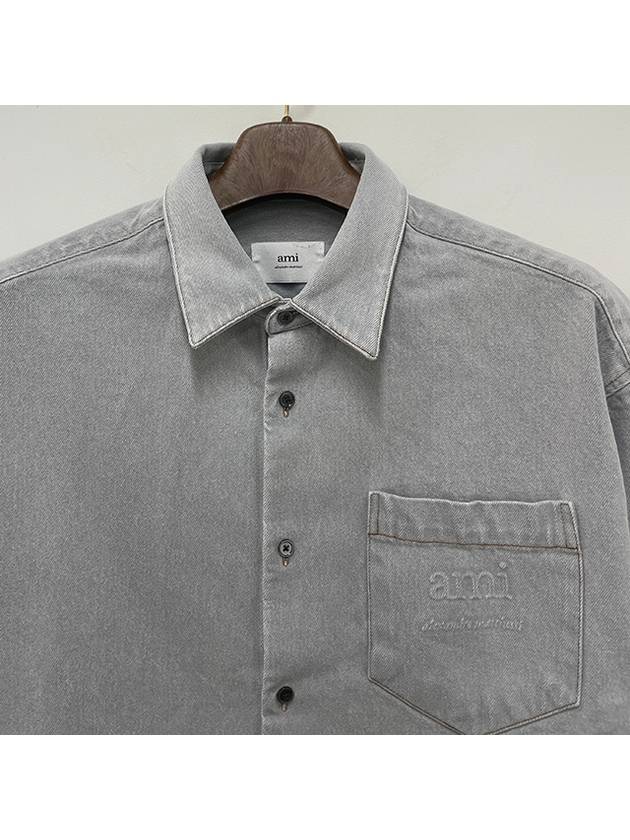 Embossed Logo Javell Washed Boxy Fit Denim Long Sleeve Shirt Grey - AMI - BALAAN 5