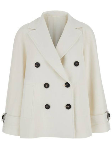 White Double Breasted Jacket With Beaded Jewelry Decoration In Cotton And Linen Blend Woman - BRUNELLO CUCINELLI - BALAAN 1