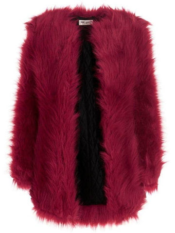 Shoulder pad fake fur coat red - SAINT LAURENT - BALAAN 1