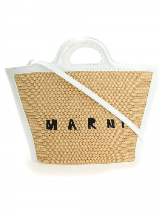 Leather Raffia Tropicalia Tote Bag Sand White - MARNI - BALAAN.