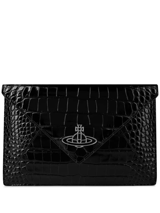 Women's ORB Logo Croco Effect Leather Clutch Bag Black - VIVIENNE WESTWOOD - BALAAN 1