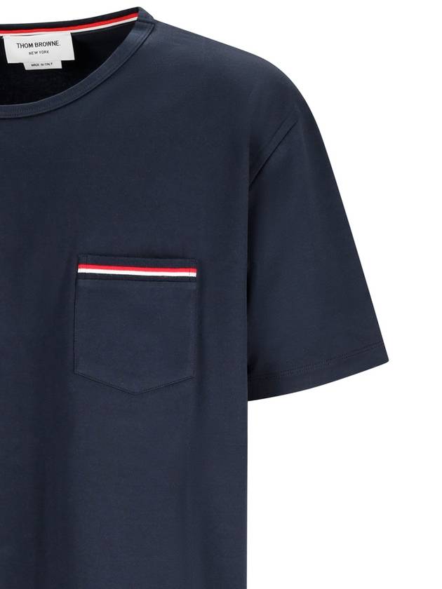 Men's Medium Weight Jersey Tipped Pocket Crewneck Short Short Sleeve T-Shirt Navy - THOM BROWNE - BALAAN 4