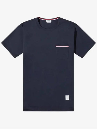 Men's Medium Weight Jersey Tipped Pocket Crewneck Short Short Sleeve T-Shirt Navy - THOM BROWNE - BALAAN 2