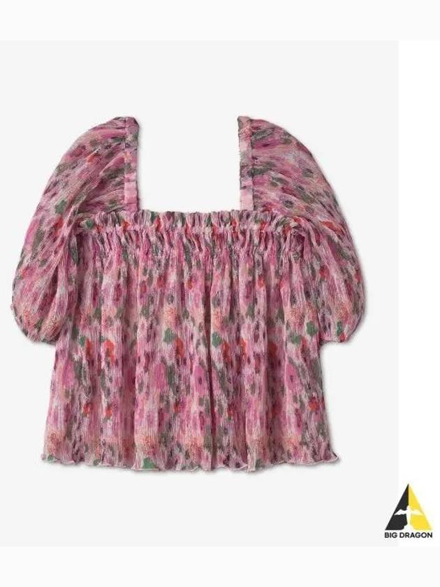 Pleated Georgette Puff Sleeve Smock Blouse Pink - GANNI - BALAAN 2