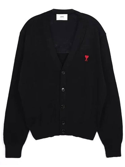 Red Heart Logo Merino Wool Cardigan Black - AMI - BALAAN 2