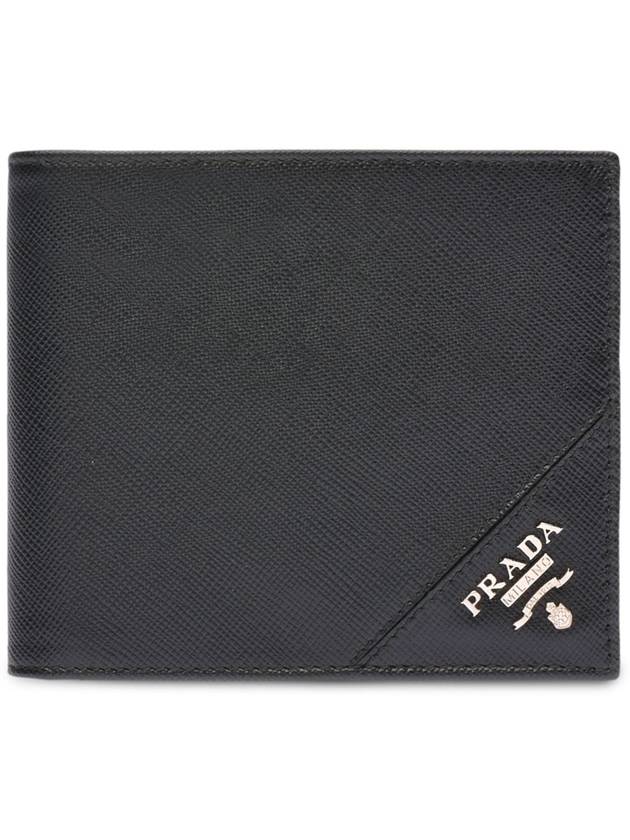 Men's Silver Hardware Logo Saffiano Half Wallet Black - PRADA - BALAAN 2