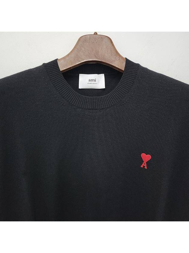 Heart Embroidered Logo Crew Neck Knit Top Black - AMI - BALAAN 5