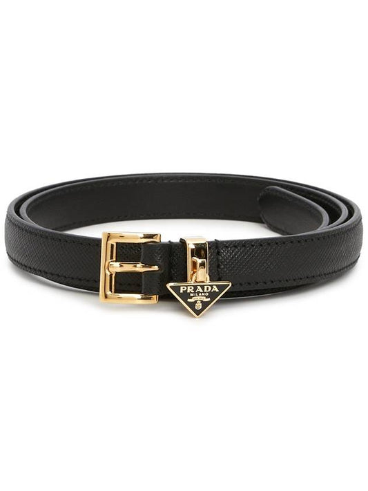 Triangular Logo Charm Saffiano Leather Belt Black - PRADA - BALAAN 2