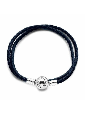 590745CDB D braided double leather dark blue leather bracelet - PANDORA - BALAAN 1