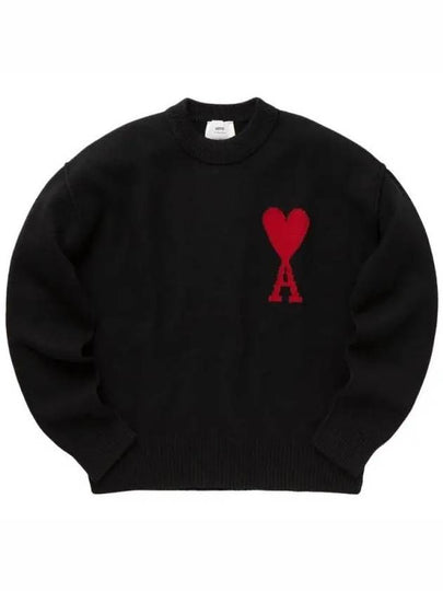 Intarsia Big Heart Logo Wool Knit Top Black - AMI - BALAAN 2