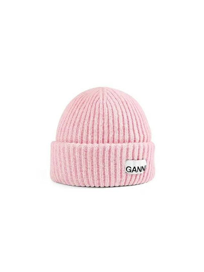 Logo Patch Knit Beanie Pink - GANNI - BALAAN 2