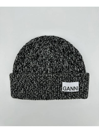 Logo Patch Ribbed Knit Beanie Black - GANNI - BALAAN 2