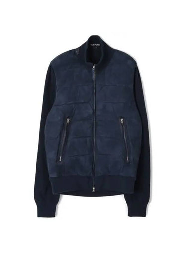 Front Zip  Down Suede Jacket Ink Blue - TOM FORD - BALAAN 1