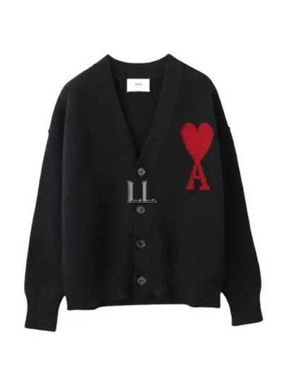 Heart Logo V Neck Wool Cardigan Black - AMI - BALAAN 2