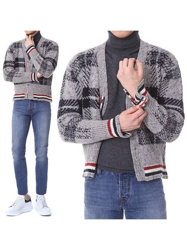 Donegal Tartan Stripe V-Neck Cardigan Medium Grey - THOM BROWNE - BALAAN 2