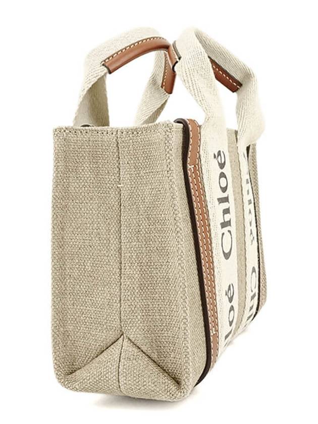 Woody Linen Canvas Calfskin Tote Bag White Brown - CHLOE - BALAAN 3