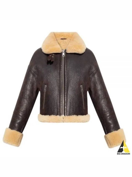 Women's Fur Crop Leather Jacket Dark Brown UJK006 543 - AMI - BALAAN 1