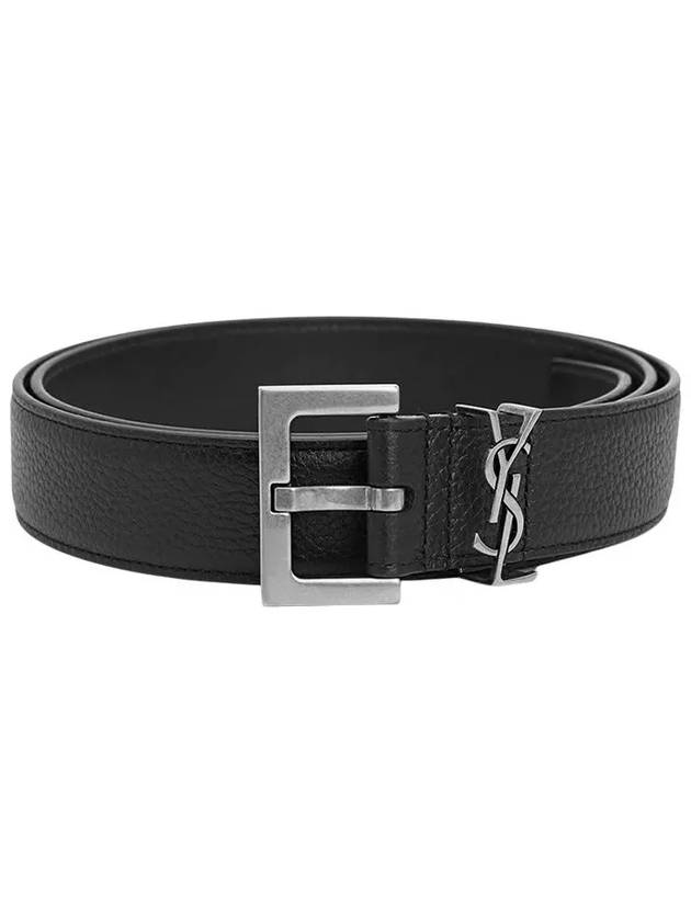 Grained Leather Silver Monogram Belt Black - SAINT LAURENT - BALAAN 2